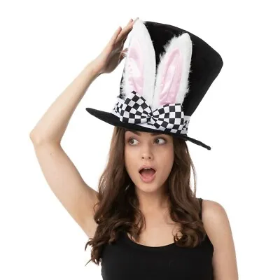Bunny Ears Top Hat Black Checkered Mad Hatter Halloween Cosplay Fancy Dress • £9.99