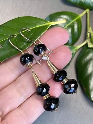 HUGE Antique Victorian Yellow Gold Black Faceted Beads Dangle Earrings Jet? • $775