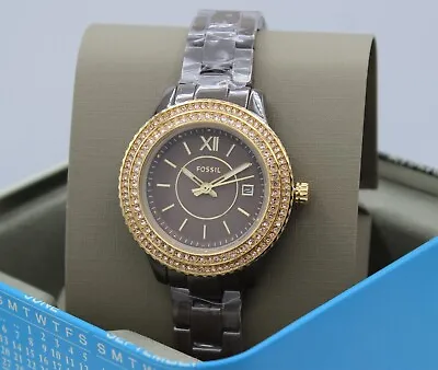 New Authentic Fossil Stella Ceramic Brown Gold Crystals Women's Ce1122 Watch • $99.99