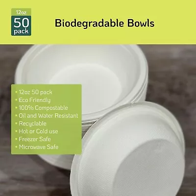 12 Oz Biodegradable White Round Bowls - 50 Pack - Eco-Friendly Disposable Bowl • $12.49