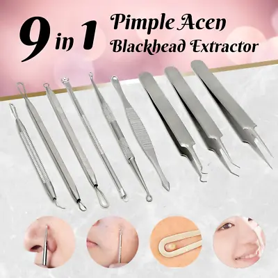 $6.90 • Buy 9pcs Pimple Popper Extractor Remover Curved Blackhead Acne Clip Needle Tweezers 