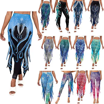 US Womens Mermaid Costume Fish Scale Printed Trousers High Waist Fitness Pants • $16.73