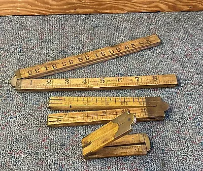 3 Vintage Wooden FOLDING RULERS Brass Bound RULER TOOL L@@K • $34.49