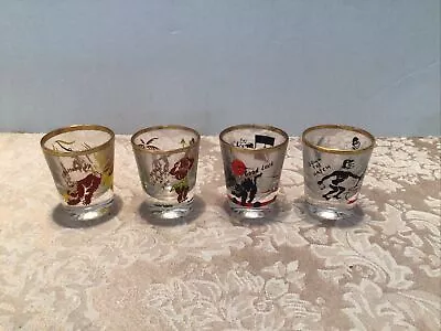 4 Vintage Funny Comical Shot Glasses Down The Hatch Bottoms Up Monkey Gold Rim • $30