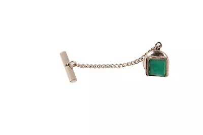 Vintage Tie Tack And Chain With Green Stone And Silver Tone • $4.99