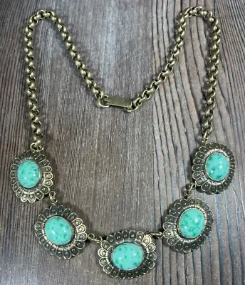 Peking Green Glass Gold Brass Tone Necklace Vintage 17” Collar • $26.60