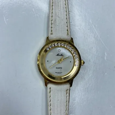 E Moulin Gold White Leather 80s Ladies Vtg Crystals Japan Stainless Untested • $3.75