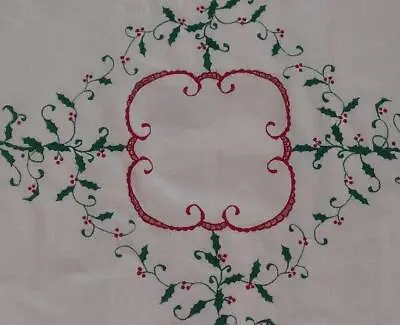 Vintage Jabara English Holly Christmas Tablecloth Red Embroidery Green Round 66  • $37.99