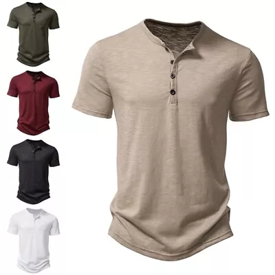 Mens Summer Solid Button V Neck T Shirts Henley Casual Short Sleeve Slim Tops • £10.69