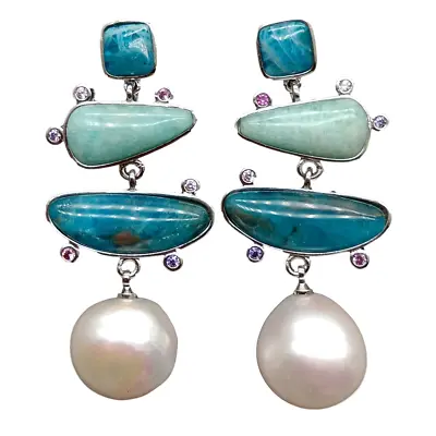 Freshwater White Pearl Blue Apatite Green Amazonite Dangle Stud Earrings • $18