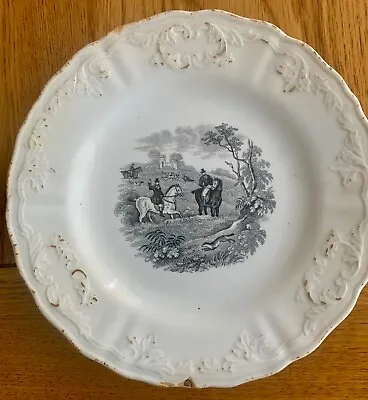 ANTIQUE PLATE C1790 /  FOX HUNTING SCENE / COALPORT / LIVERPOOL ? • £130