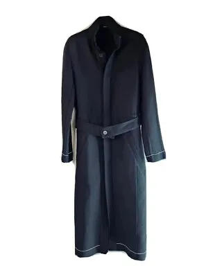 BASSIKE Long Virgin Wool Belted Coat Women's Size 0 Black White Stitching Light • $189