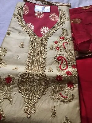 Unstitched Salwar Kameez Red Gold Cotton Suit Wedding Party New Anarkali Frock • £12.99