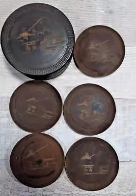 Vintage Etched Chinese Wood Coaster Set With Case Antique Collectible • $23.40