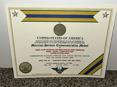 Mexican Service (army) Commemorative Medal Certificate ~ W/printing Type-1 • $15.16