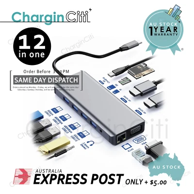 $62.99 • Buy 12 In 1 USB Type-C Hub USB3.0 HDMI VGA Audio RJ45 Ethernet SD TF Adapter Laptop