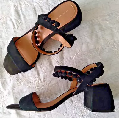ZARA WOMAN EU 41 US 10 Block Heel Sandals Black Suede Pom Poms Shoes • $24