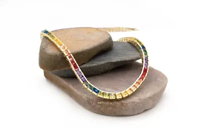 Tennis 14K Gold Over Necklace 4mm 25.CT Princess Channel Multi-Gemstone Rainbow • $369.99