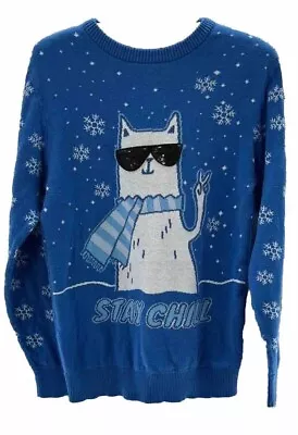 Mad Engine Sweater Women’s Size Large Blue Cool Cat Graphic  Novelty Pop Trendy • $13