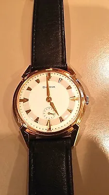$750 • Buy Bulova Men's Solid 14K Gold Slim Fancy Lugged 1959 Black Strap Watch EUC