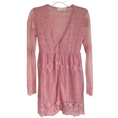 Anthropologie A'Reve Babydoll Dress Size Medium Long Sleeve Lace Overlay Pink • $45