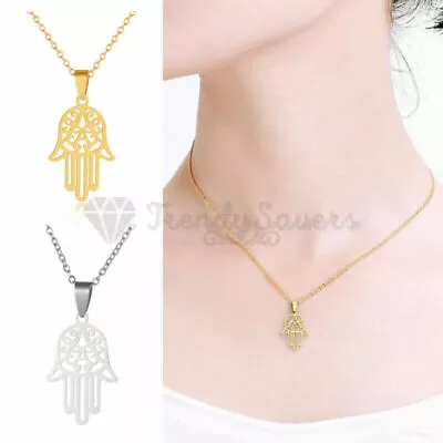 Gold Silver Plated Hamsa Hand Of Fatima Pendant Necklace Stainless Steel Jewelry • £3.99