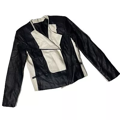 Ellen Tracy Vegan Leather Moto Jacket Black White Medium Asymmetrical • $33.32