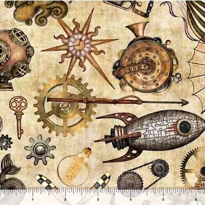 Steampunk Adventures•Steampunk Toss Fabric! 1 Yd X 44  Cotton BTY•Antique Ecru • $13.99