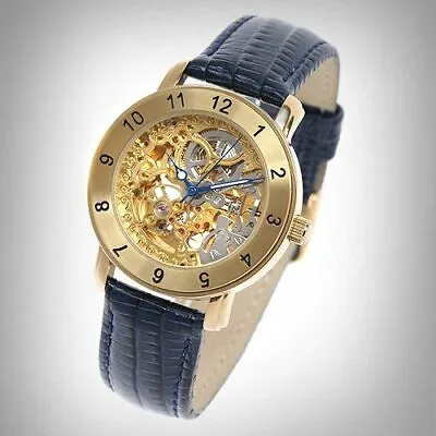 New Sug Automatic Skeleton Gold Tone Watch 21 Jewels Movement Blue Leather • $89.99