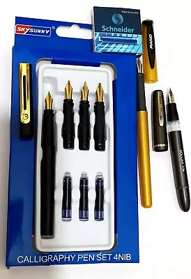 Beginners Calligraphy Fountain Pen Set - 4 Genuine Gold Plated Nibs & Cartridges • £7.80