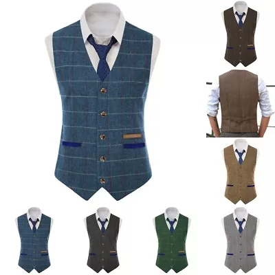 Men Blue Waistcoat Plaid Tweed Vest Vintage Herringbone Wool Retro Wedding S-3XL • $43.99
