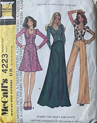 Vtg 70's McCall 4223 TOP Maxi SKIRT Wide Leg PANTS & Top Sewing Pattern 10 B32.5 • $9.95