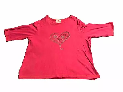 Quaker Factory Sweater Women’s 2X Pink 3/4 Sleeve Heart Plus Size Rhinestones • $9.90
