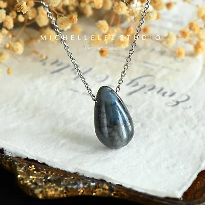 Natural Teardrop Labradorite Rough Stone Pendant Necklace • £8.95