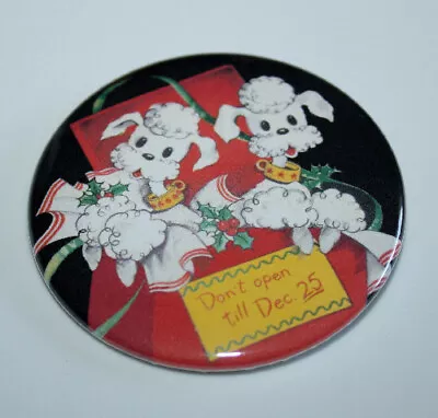 CHRISTMAS POODLES HOLIDAY PIN BUTTON Vintage Puppy Dog In Present Art Badge • $3.89