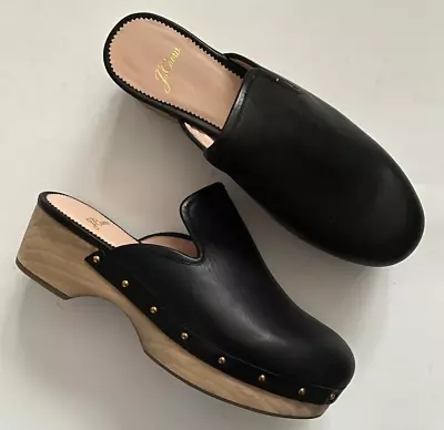 J Crew Marie Leather Clogs Mules Chunky Wood Heel Studded Black Size 7 US NEW • $85