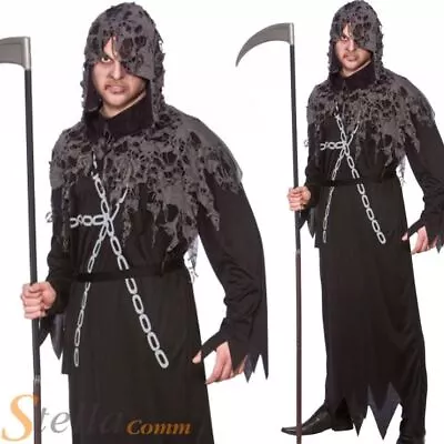 Mens Grim Reaper Costume Zombie Death Halloween Fancy Dress Adult Outfit • £14.99