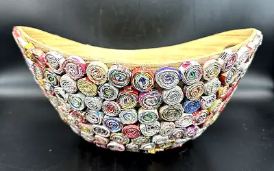 Folk Art Handmade Colorful Recycled Rolled Paper Bamboo Bowl 12  Handles • $24.99