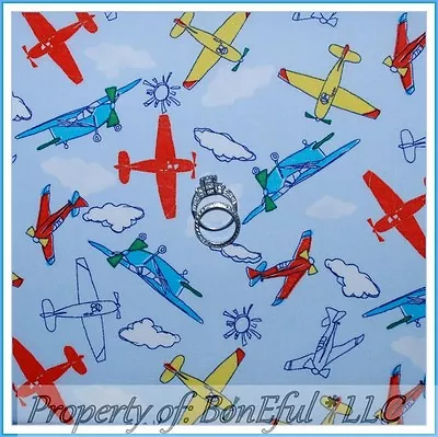 BonEful Fabric FQ Cotton Quilt Baby Boy Blue Cloud Sky Airplane Helicopter Retro • $4.72