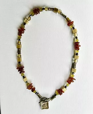 Necklace Olive Green Gray White & Amber Beads By Danon • £65