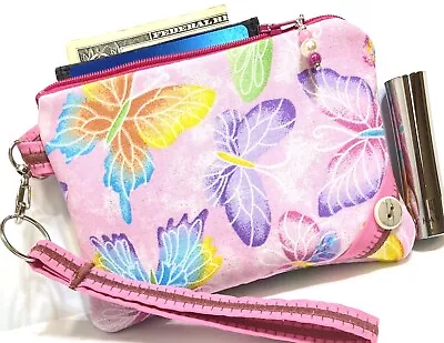 Sparkle-Butterflies-Pink-Handmade-Money-Coin-ID-Credit Card-Wristlet-Purse-Pouch • $5.36