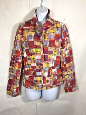 J.CREW Madras PATCHWORK Plaid Jacket Blazer Womens Size 4 Orange Yellow Blue • $18