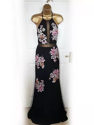 XSCAPE Embroidered Black & Pink Floral Open Back Illusion Halter Dress Size 8 • £49.99