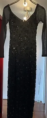 Vintage Evening Gown Sequined Beaded Black Nightline Della Roufogali Front Slit • $46.87