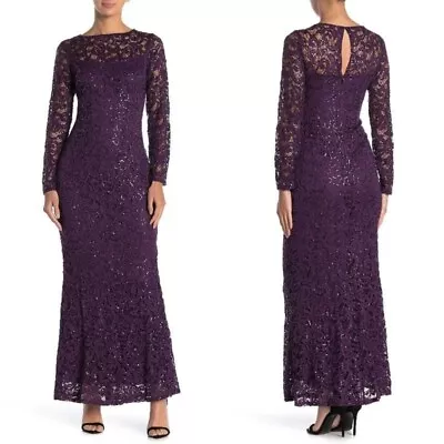 MARINA Sequin Lace Long Sleeve Gown Eggplant Purple Mother Wedding Size 6 • $59.99