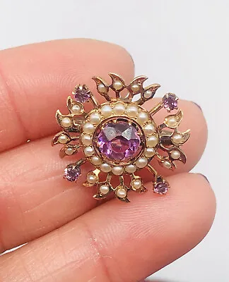 Vtg Unmarked Tested 10k Gold Purple Amethyst Pearl Flower Snowflake Brooch Pin • $297.50