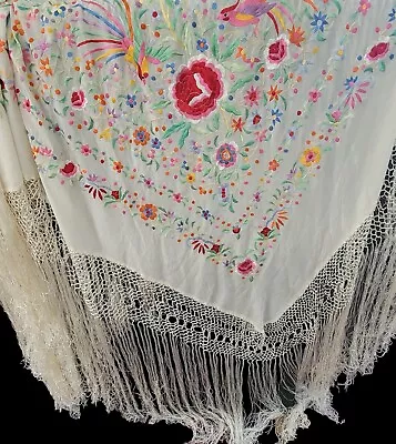 Vintage Antique Silk Chinese Hand Embroidered Piano Shawl  • $675