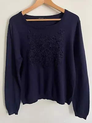 Portmans Womens Knit Jumper Size L Fluffy Embellishment Round Neck Navy Blue • $14