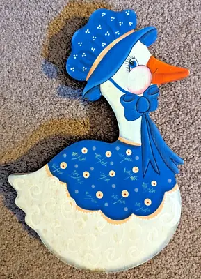 Vintage Wooden Cookie Jar Lid Tole Paint  Duck Mother Goose Blue Bonnet 1988 • $6.95