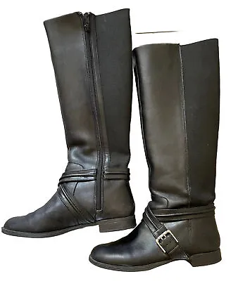 Michelle D Tall Flat Ladies Leather Black Boots Buckle US Size 7 1/2 • $40